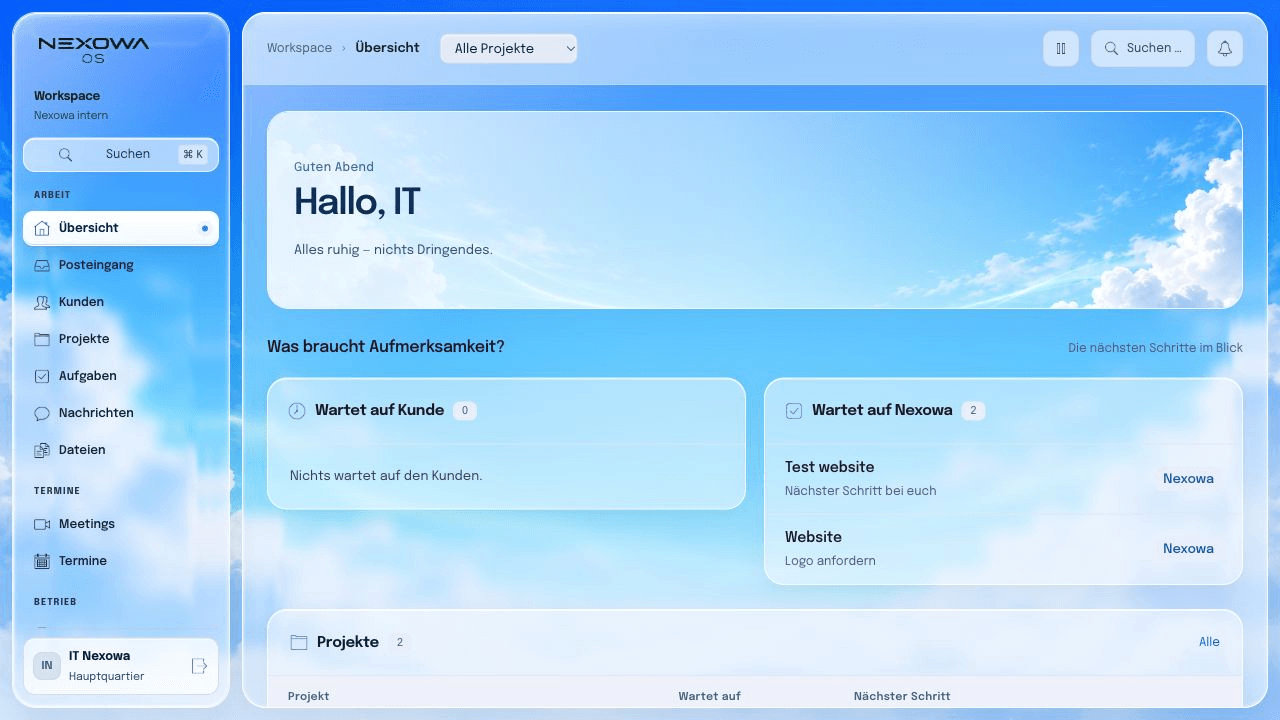 NEXOWA OS: Workspace-Übersicht mit Aufgaben und Projekten
